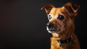A dog with a collar looking up at the camera photo