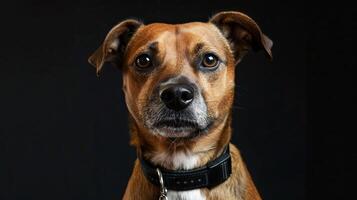 A dog with a collar on a black background photo