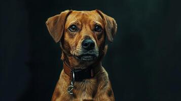 A brown dog with a collar on a dark background photo