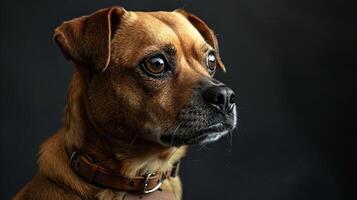 A brown dog with a collar on a black background photo