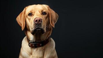 A dog with a collar on a black background photo
