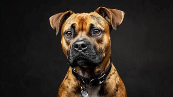 A brown and black dog with a collar photo
