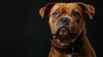 A brown dog with a collar on a black background photo