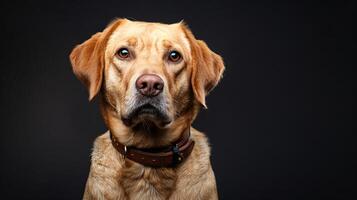 A dog with a collar on a black background photo