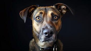 A dog with a black background looking at the camera photo