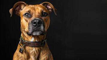 A dog with a collar on a black background photo