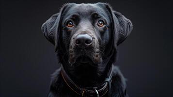 A black dog with a collar on a dark background photo
