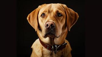 A dog is looking at the camera on a black background photo