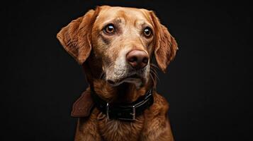 A brown dog with a collar on a black background photo