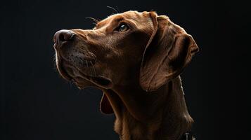 A dog looking up at the sky on a black background photo