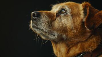 A close up of a dog looking up photo