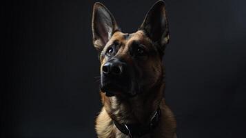 A german shepherd dog is looking up at the camera photo