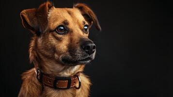 A brown dog with a collar on a black background photo