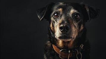 A dog with a collar on a black background photo