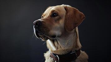 A dog wearing a collar and looking up photo