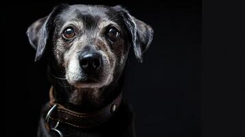 A black dog with a collar on a black background photo