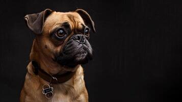 A pug dog is looking up at the camera photo