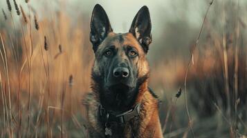 A german shepherd dog is sitting in tall grass photo