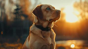 A dog sitting in the grass at sunset photo