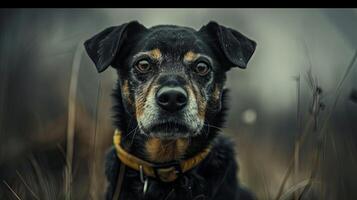 A black and brown dog with a yellow collar photo