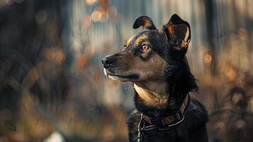 A dog with a collar looking up at the sky photo