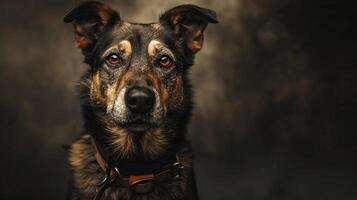 A dog with a collar and a dark background photo