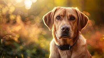 A dog sitting in the grass with a sun in the background photo