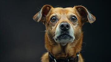 A close up of a dog looking up at the camera photo