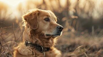 A golden retriever sitting in a field with grass photo
