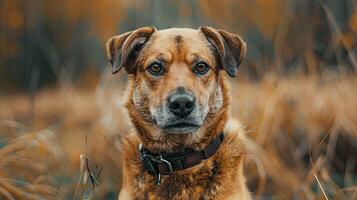 A brown dog sitting in a field with tall grass photo
