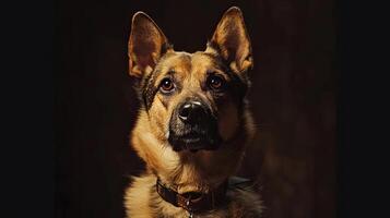 A german shepherd dog is looking at the camera photo