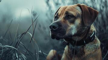 A dog sitting in tall grass photo