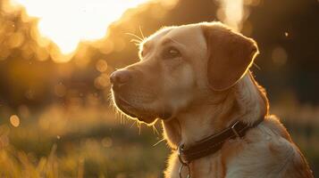 A dog is sitting in a field at sunset photo
