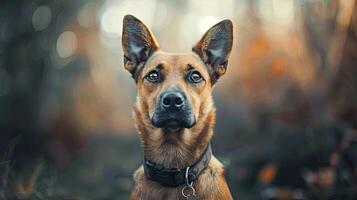 A dog with a collar looking up at the camera photo