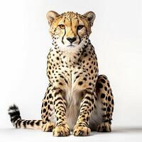 Cheetah sitting in front of white background photo
