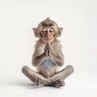 A monkey sitting in a lotus position with its eyes closed photo