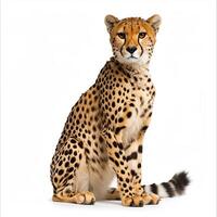 Cheetah, 8 years old, sitting in front of white background photo
