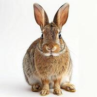 A rabbit is sitting in front of a white background photo