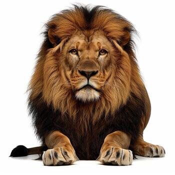 Lion sitting down, isolated on white background photo