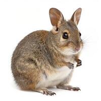 A small brown and gray rodent is standing on its hind legs photo