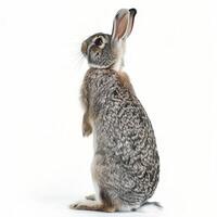A rabbit is standing up against a white background photo
