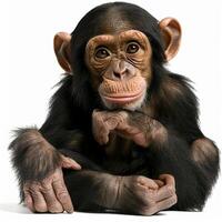 A chimpanzee sitting down with its hands on its chin photo
