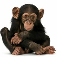 A young chimpanzee sitting down on a white background photo