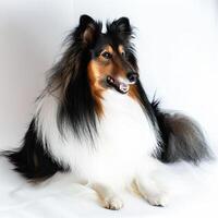 A collie dog sitting on a white background photo