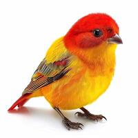 A small yellow bird with red and orange feathers photo