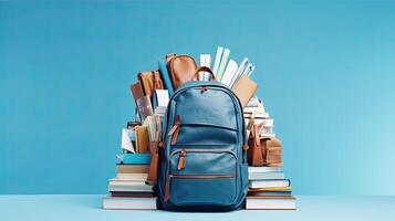 A backpack is sitting on top of a stack of books photo