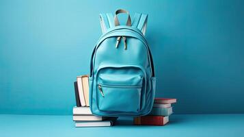 A blue backpack and a stack of books on a blue background photo