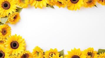 Yellow sunflowers arranged in a frame on a white background photo