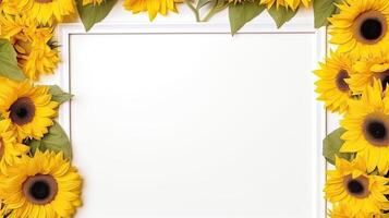 A frame with sunflowers and leaves on a white background photo