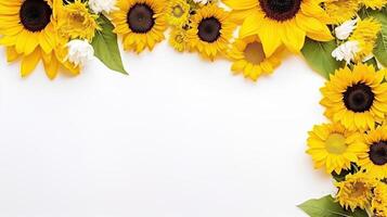 Yellow sunflowers and leaves are arranged in a square frame photo